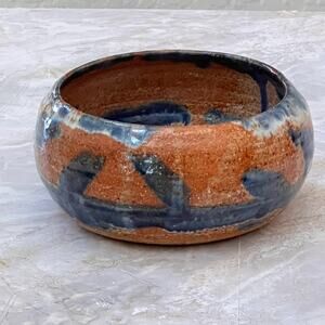 Studio Art Pottery Bowl 5" Burnt Red & Blue Hand Thrown Signed Goodman Rustic